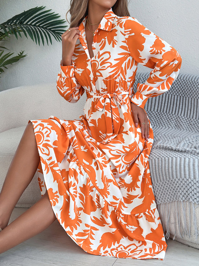 Floral Collared Ruffle Shirt Maxi Dress