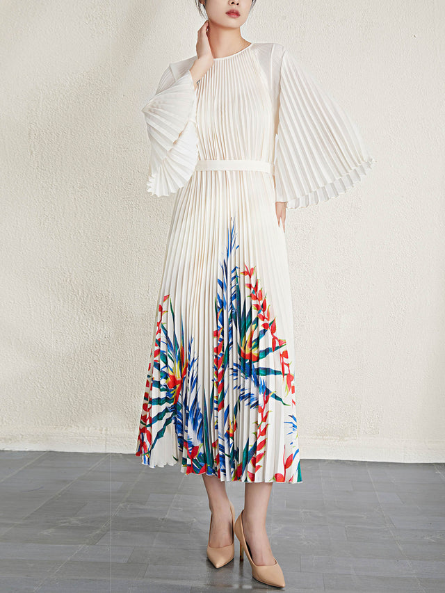 Pleated Printed Long Sleeve Midi Dress