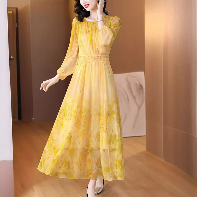 Yellow Floral Long Sleeve A-Line Maxi Dress