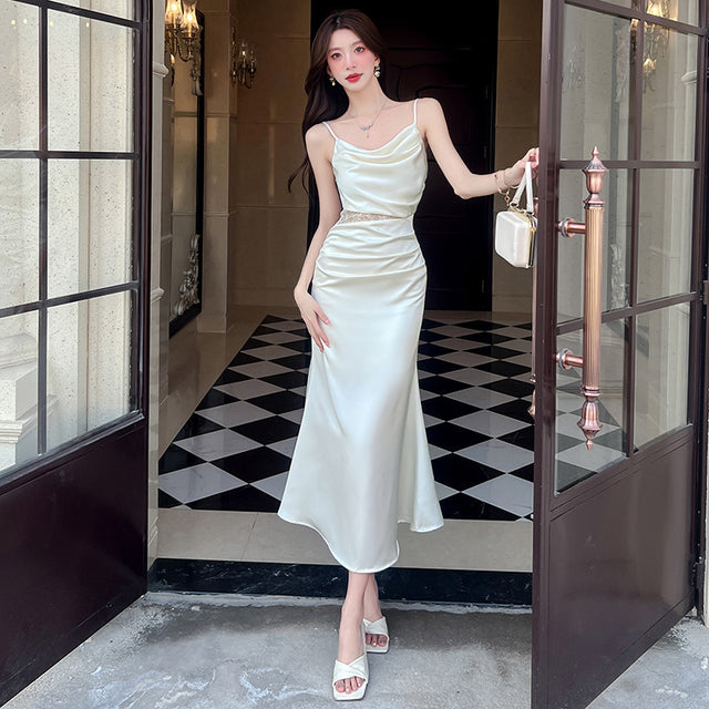 Lace Trim Satin Cut-Out Slip Midi Dress