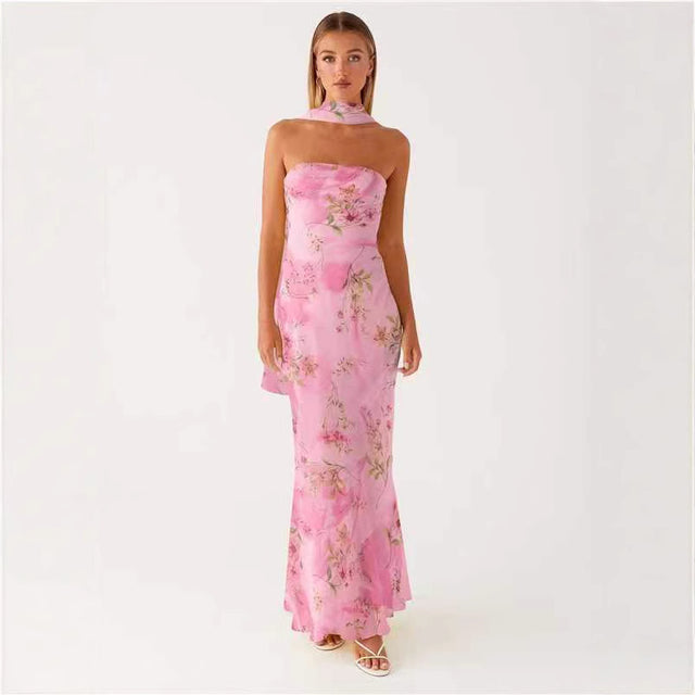 Strapless Floral Chiffon Fishtail Maxi Dress