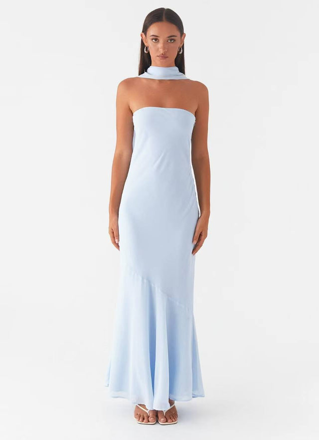 Strapless Floral Chiffon Fishtail Maxi Dress