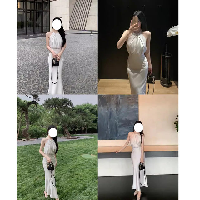 Halter Neck Satin Wrap Skirt Midi Dress