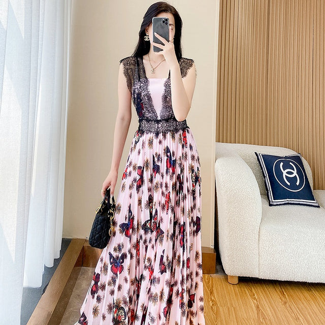 Lace Panel Butterfly Print Pleated Maxi Dress