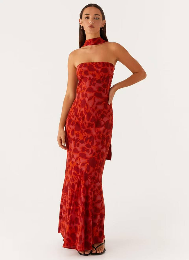 Strapless Floral Chiffon Fishtail Maxi Dress