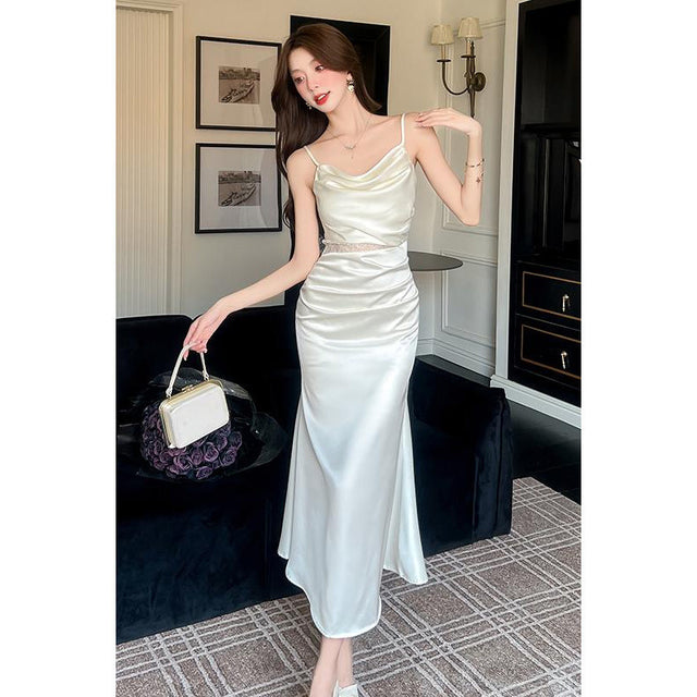 Lace Trim Satin Cut-Out Slip Midi Dress