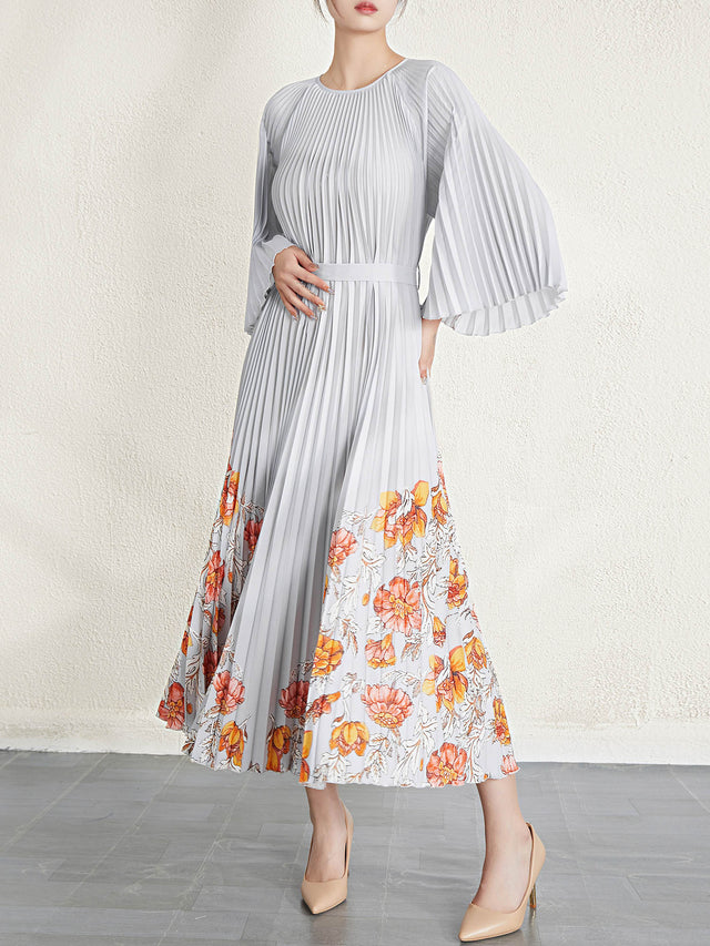 Pleated Printed Long Sleeve Midi Dress