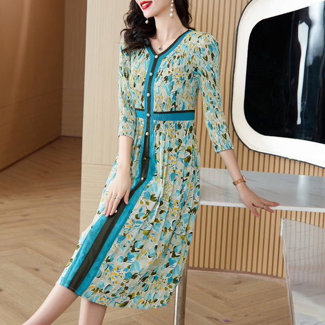 Plus Size Pleated Floral Button Front Midi Dress