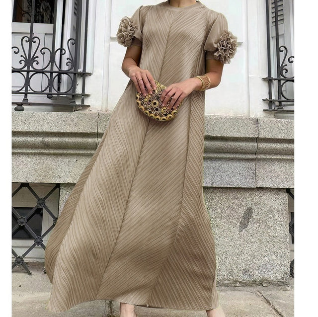 Plus Size Pleated Floral Petal Sleeve Maxi Dress