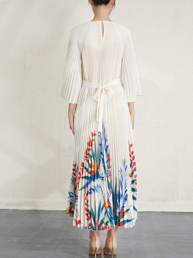 Pleated Printed Long Sleeve Midi Dress