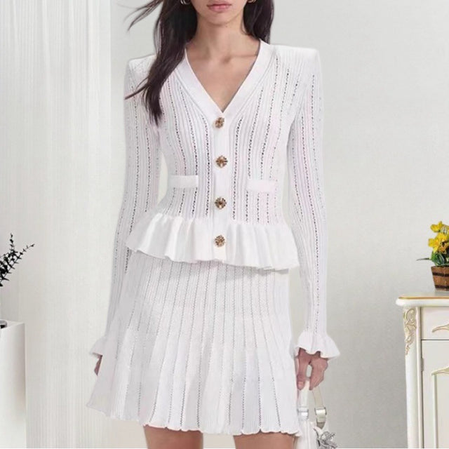 Knit V-Neck Long Sleeve Ruffle Midi Dress