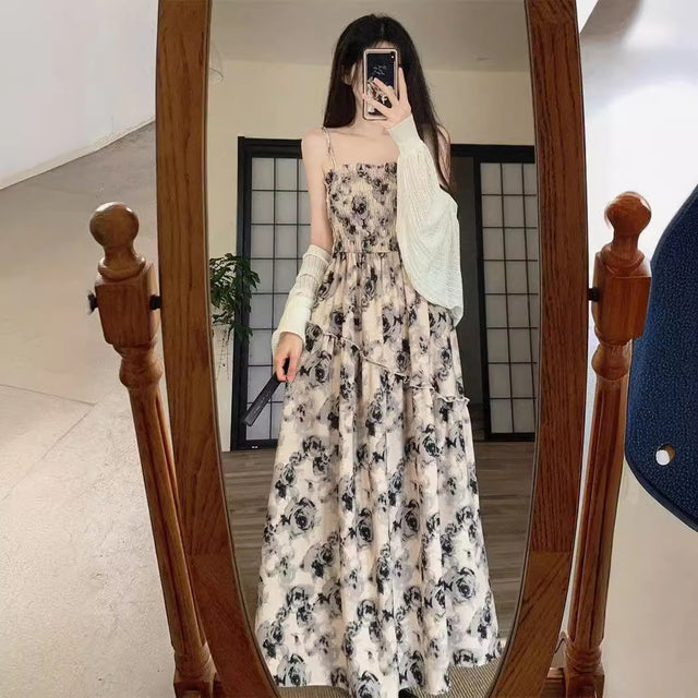 Black Floral Strappy Swing Midi Dress