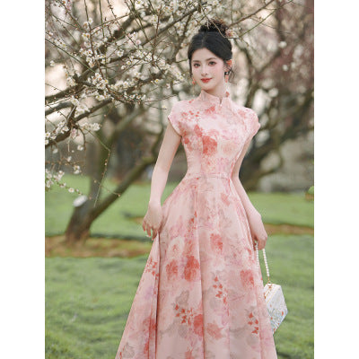 Modern Cheongsam Stand Collar Floral Maxi Dress