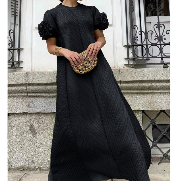 Plus Size Pleated Floral Petal Sleeve Maxi Dress