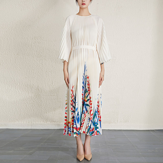 Pleated Printed Long Sleeve Midi Dress