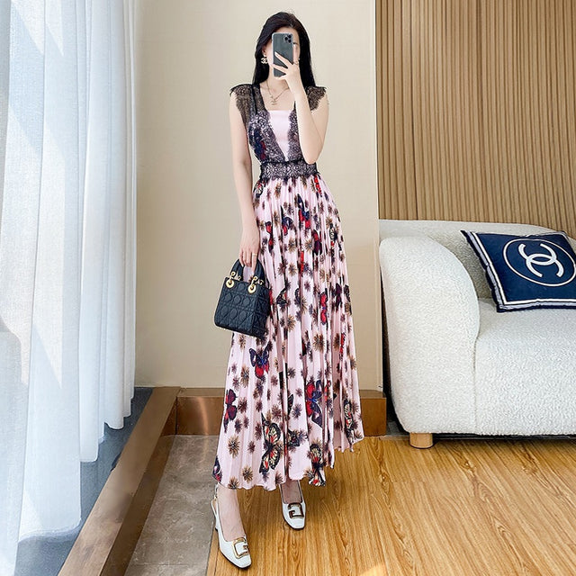 Lace Panel Butterfly Print Pleated Maxi Dress