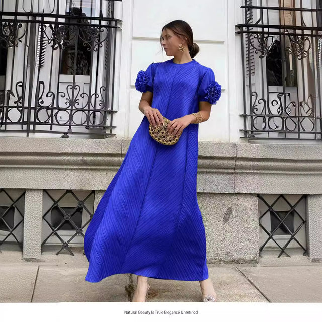 Plus Size Pleated Floral Petal Sleeve Maxi Dress