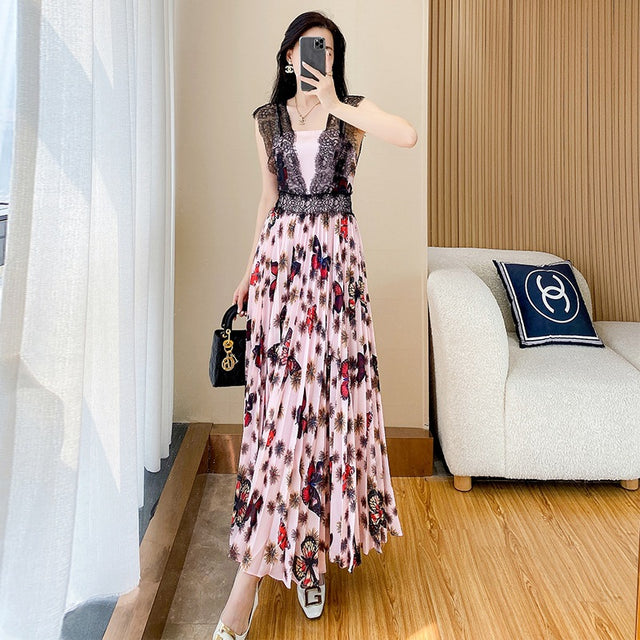 Lace Panel Butterfly Print Pleated Maxi Dress