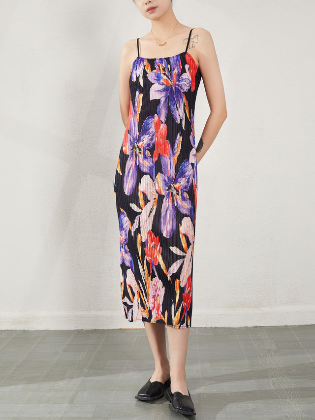 Pleated Floral Strappy Slip Maxi Dress