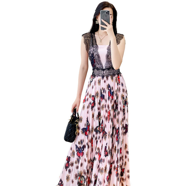 Lace Panel Butterfly Print Pleated Maxi Dress
