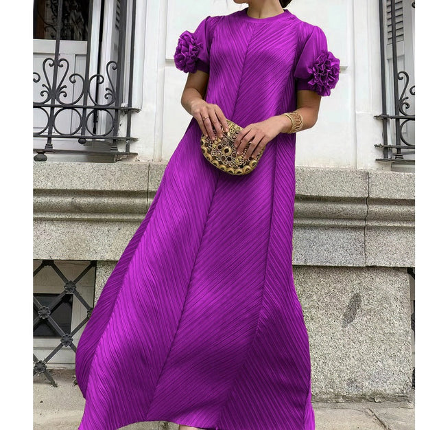 Plus Size Pleated Floral Petal Sleeve Maxi Dress