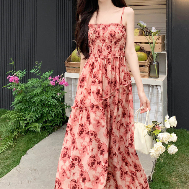 Black Floral Strappy Swing Midi Dress