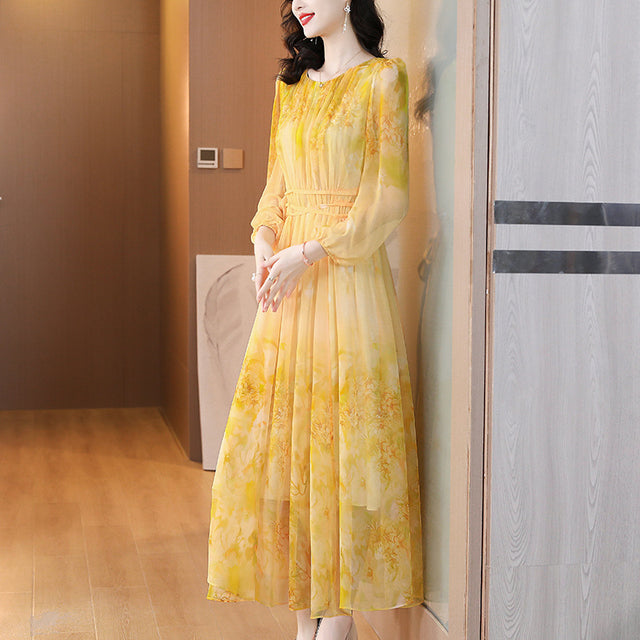 Yellow Floral Long Sleeve A-Line Maxi Dress