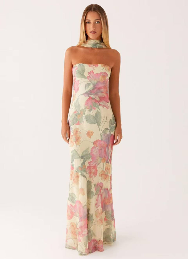 Strapless Floral Chiffon Fishtail Maxi Dress