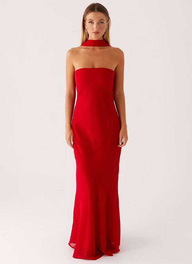 Strapless Floral Chiffon Fishtail Maxi Dress