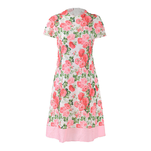 Pleated Floral Short Sleeve A-Line Midi Dress