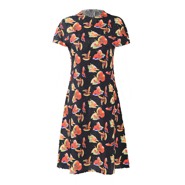Pleated Floral Short Sleeve A-Line Midi Dress