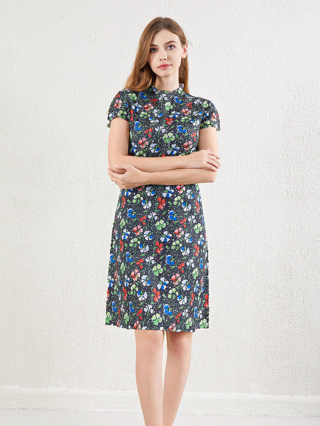 Pleated Floral Short Sleeve A-Line Midi Dress