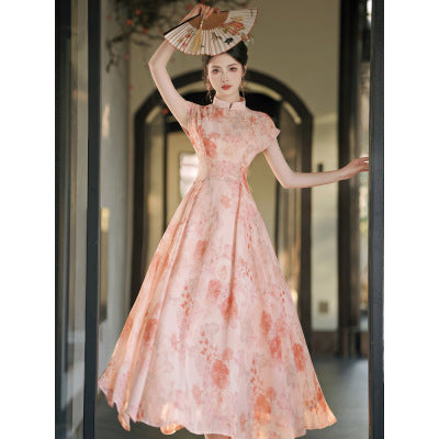Modern Cheongsam Stand Collar Floral Maxi Dress