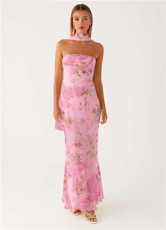 Strapless Floral Chiffon Fishtail Maxi Dress