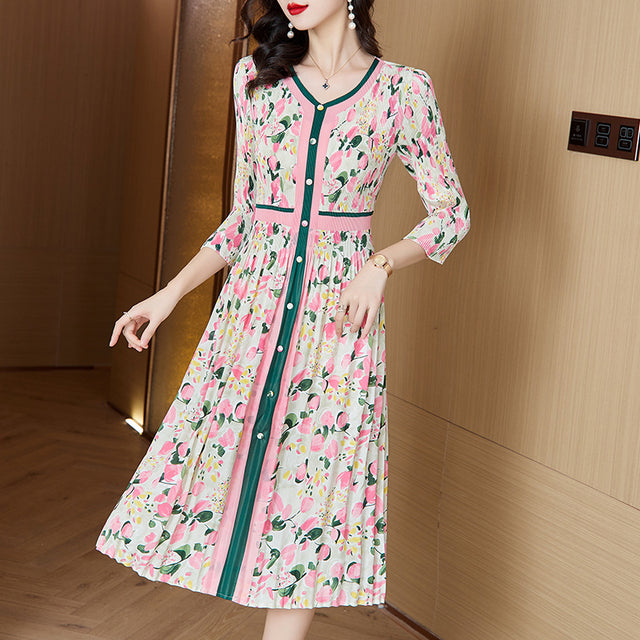 Plus Size Pleated Floral Button Front Midi Dress