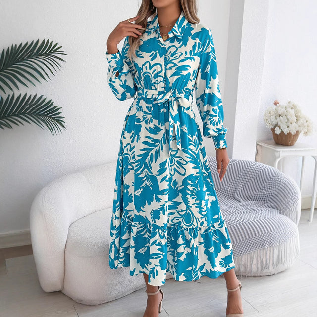 Floral Collared Ruffle Shirt Maxi Dress
