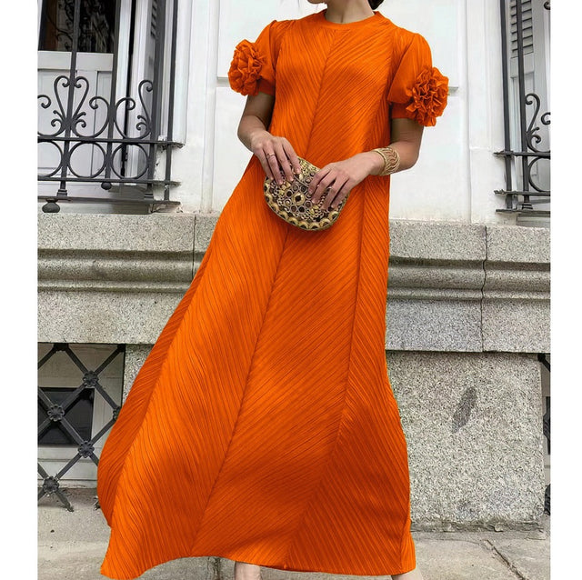 Plus Size Pleated Floral Petal Sleeve Maxi Dress
