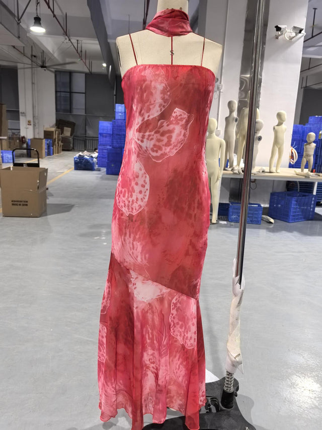 Strapless Floral Chiffon Fishtail Maxi Dress