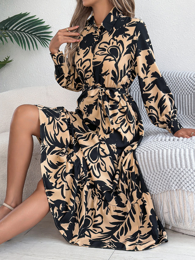 Floral Collared Ruffle Shirt Maxi Dress