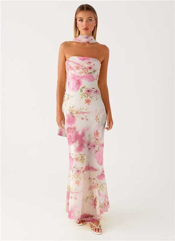 Strapless Floral Chiffon Fishtail Maxi Dress