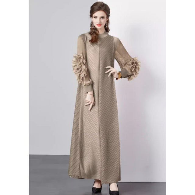 Stand Collar Pleated Petal Floral Maxi Dress