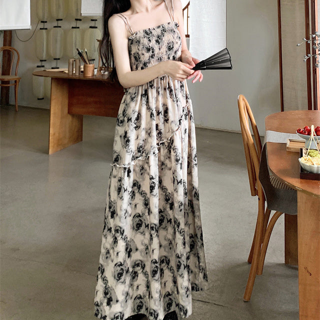 Black Floral Strappy Swing Midi Dress