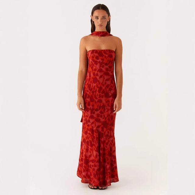 Strapless Floral Chiffon Fishtail Maxi Dress