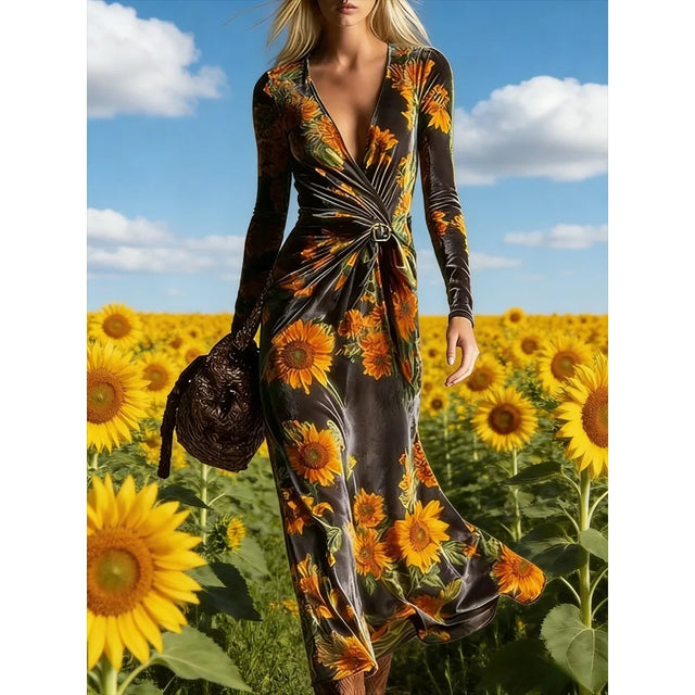 Sunflower Print Wrap Midi Dress with Tie Belt