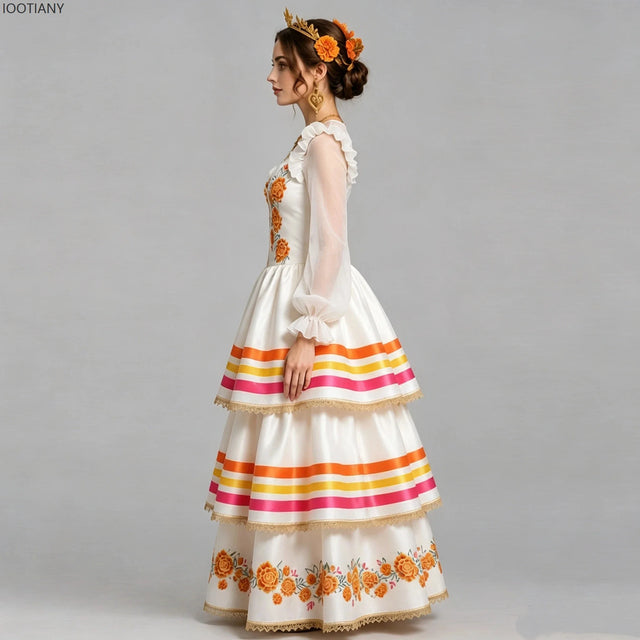 Mexican Folk Ruffle Puff Sleeve Maxi Dress