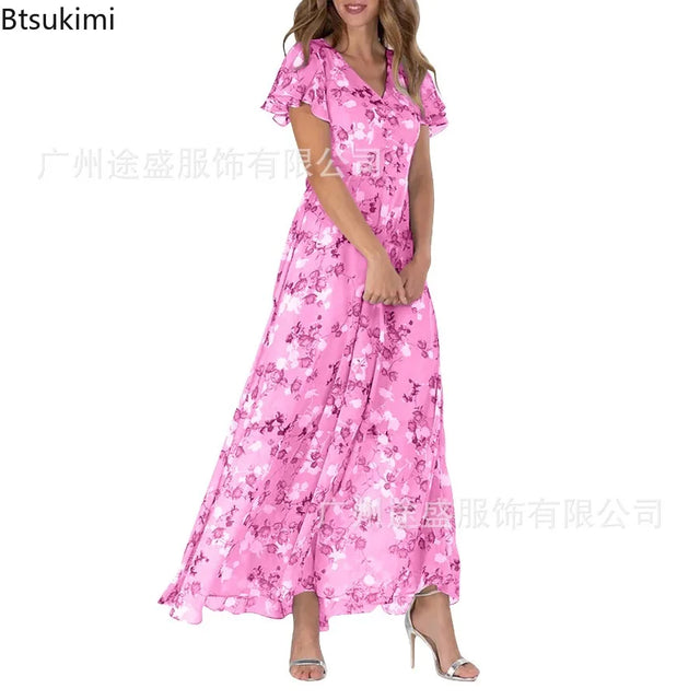 Retro Floral Empire Waist Chiffon Maxi Dress