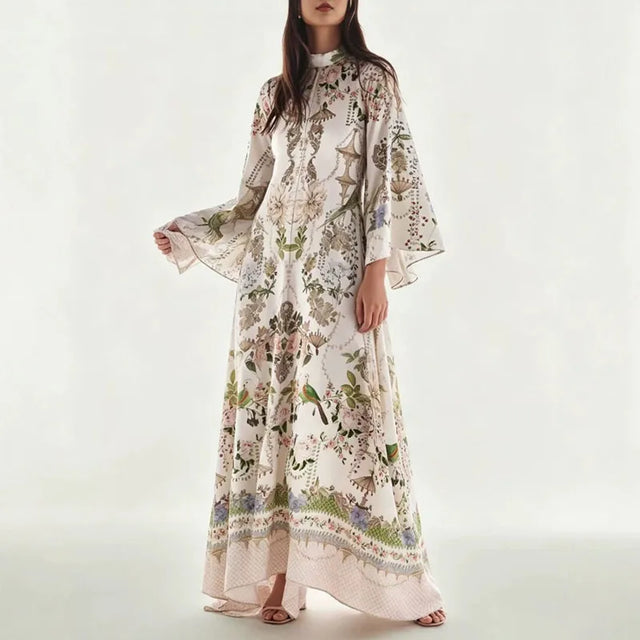 Vintage Floral Flared Sleeve Swing Maxi Dress