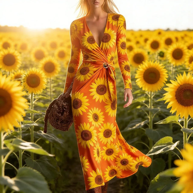 Sunflower Print Wrap Midi Dress with Tie Belt