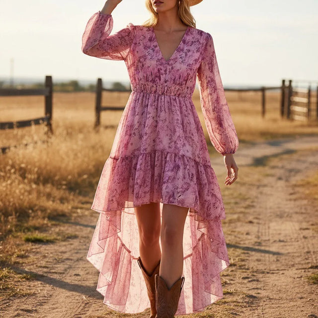 Boho Floral High-Low Puff Sleeve Maxi Dress