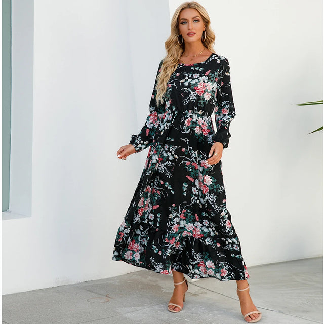 Boho Floral Puff Sleeve High Waist Midi Dress